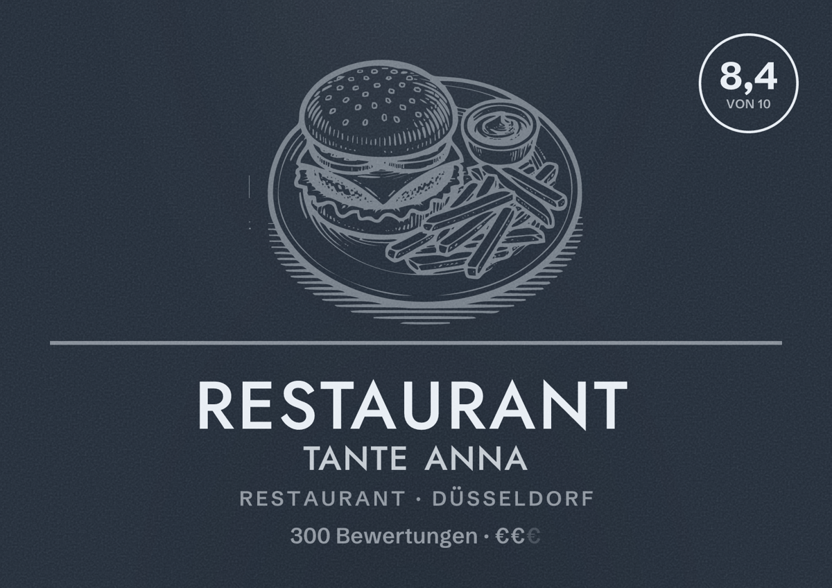 Illustriertes Poster von Restaurant Tante Anna, Restaurant in Düsseldorf: Bewertung 8,4 von 10 aus 300 Bewertungen, Preisniveau €€