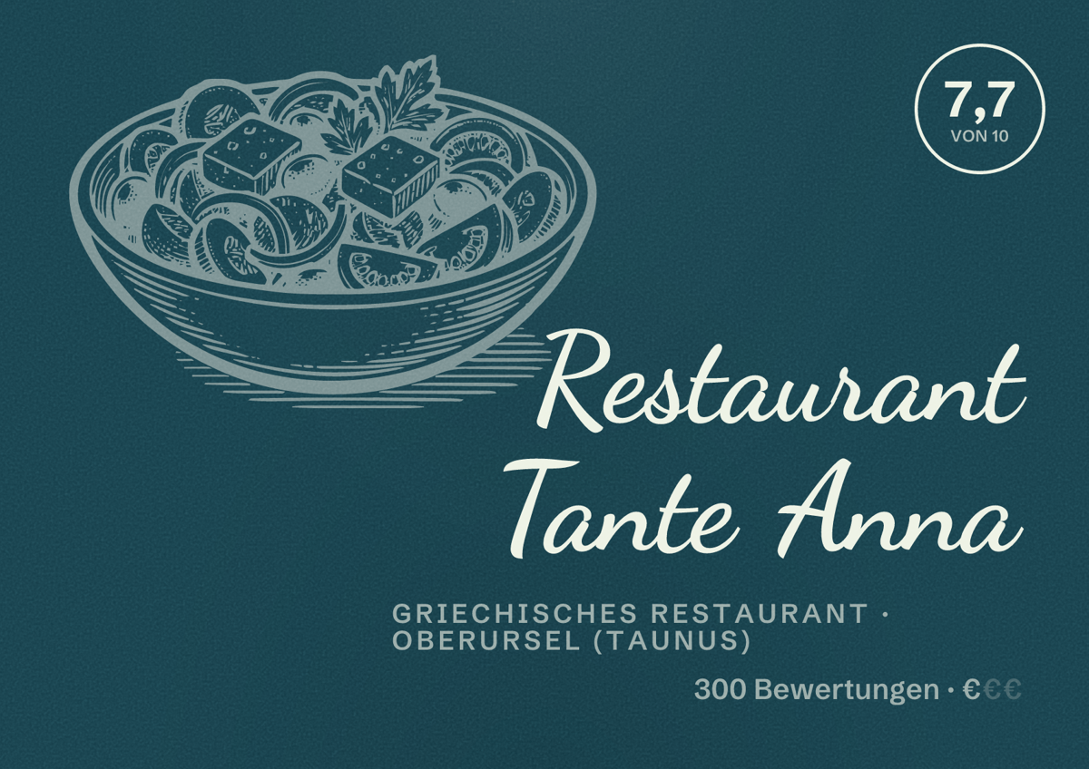 Illustriertes Poster von Restaurant Tante Anna, Griechisches Restaurant in Oberursel (Taunus): Bewertung 7,7 von 10 aus 300 Bewertungen, Preisniveau €