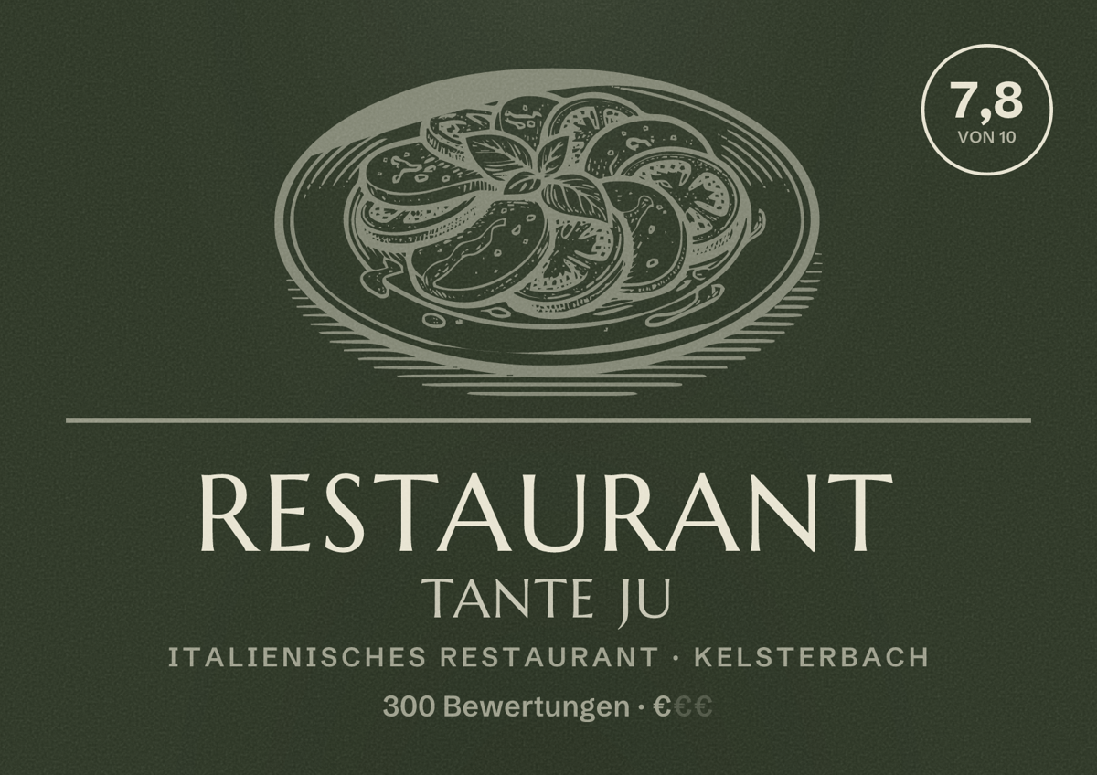 Illustriertes Poster von Restaurant Tante Ju, Italienisches Restaurant in Kelsterbach: Bewertung 7,8 von 10 aus 300 Bewertungen, Preisniveau €