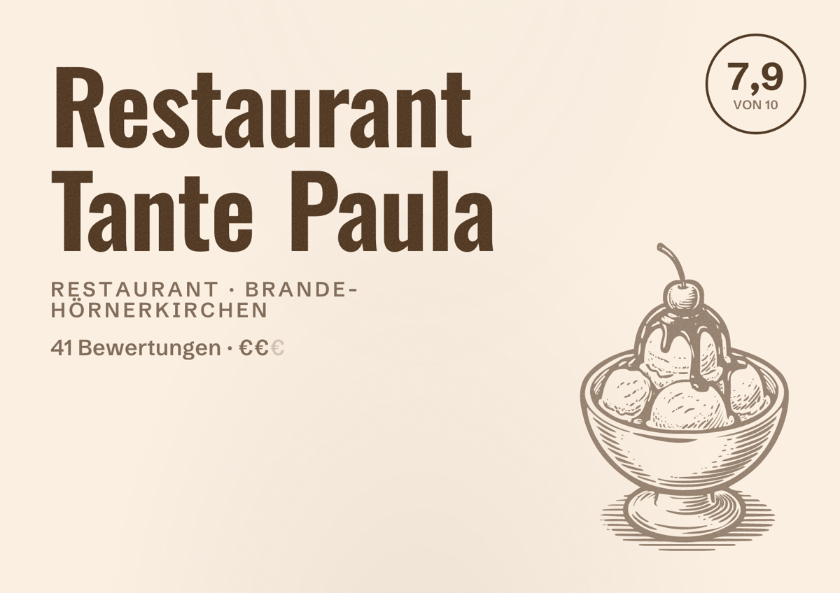 Illustriertes Poster von Restaurant Tante Paula, Restaurant in Brande-Hörnerkirchen: Bewertung 7,9 von 10 aus 41 Bewertungen, Preisniveau €€