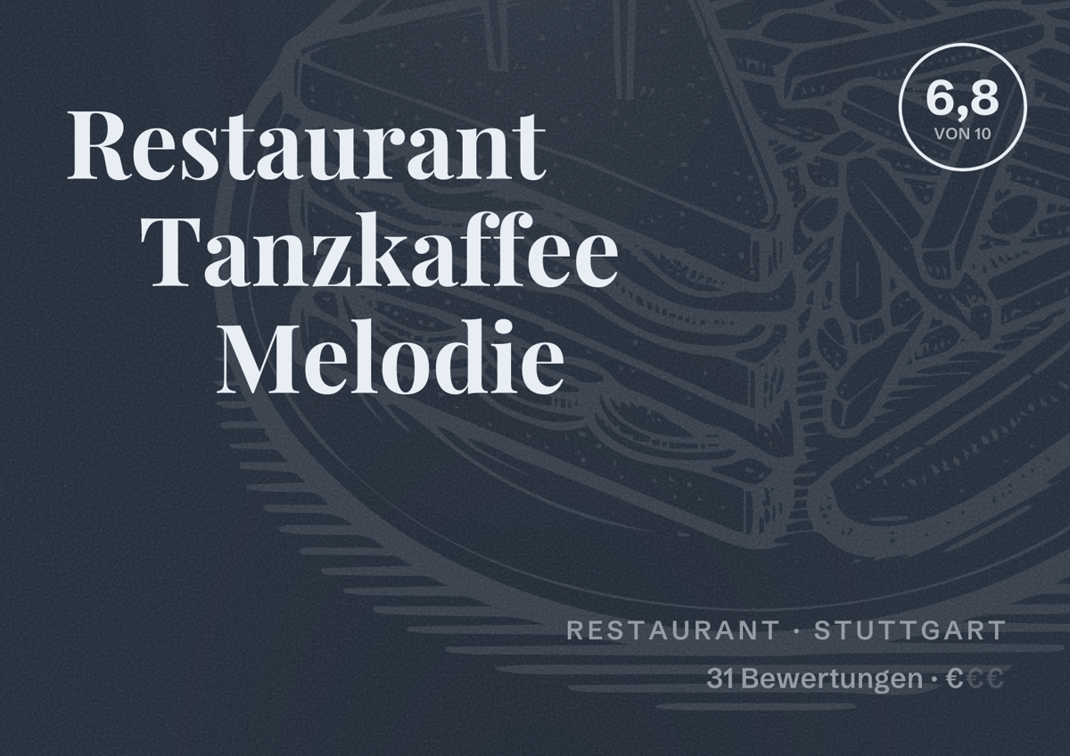 Illustriertes Poster von Restaurant Tanzkaffee Melodie, Restaurant in Stuttgart: Bewertung 6,8 von 10 aus 31 Bewertungen, Preisniveau €
