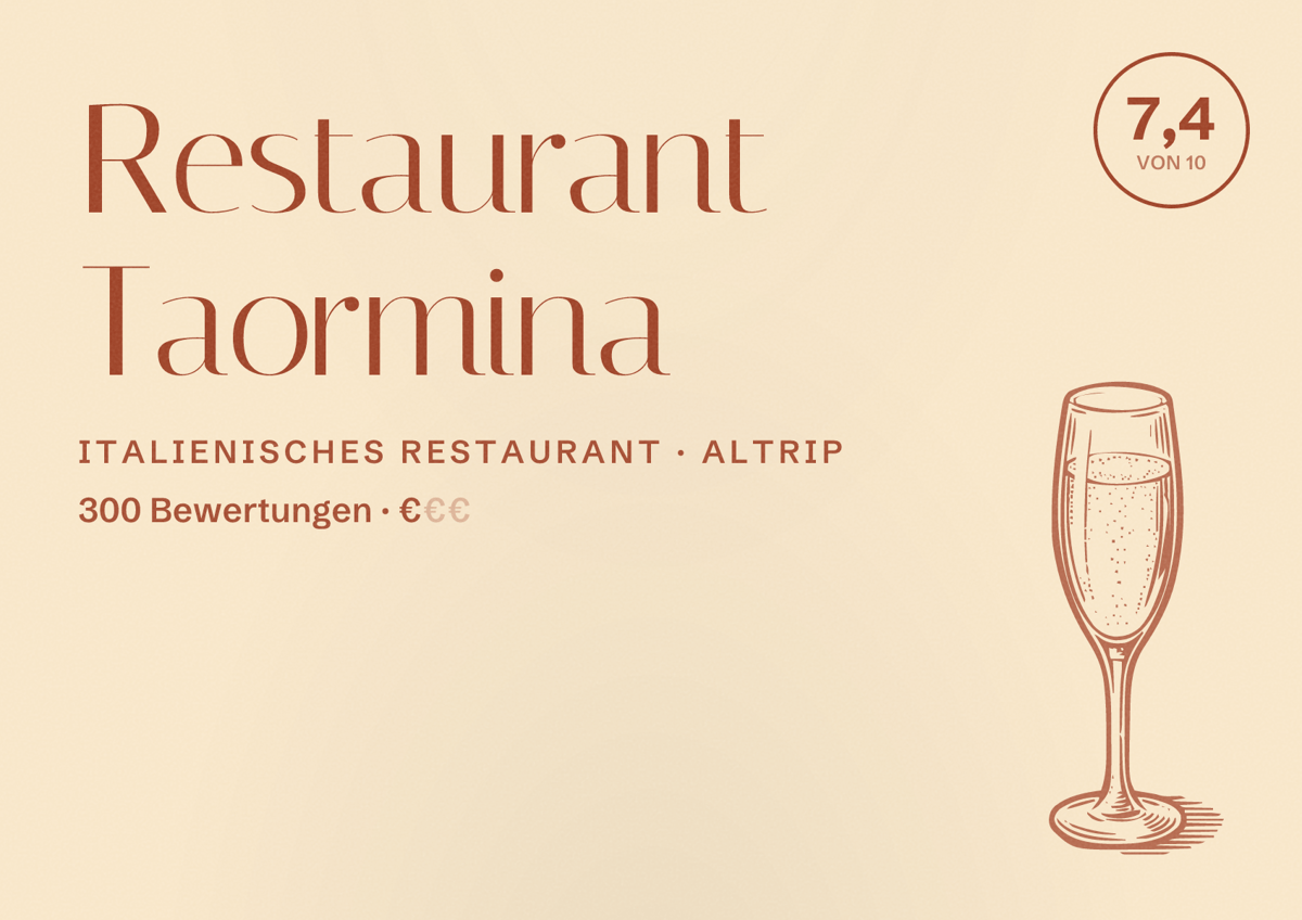 Illustriertes Poster von Restaurant Taormina, Italienisches Restaurant in Altrip: Bewertung 7,4 von 10 aus 300 Bewertungen, Preisniveau €
