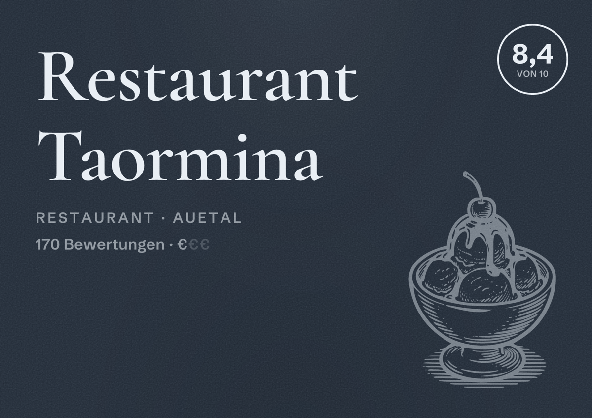 Illustriertes Poster von Restaurant Taormina, Restaurant in Auetal: Bewertung 8,4 von 10 aus 170 Bewertungen, Preisniveau €