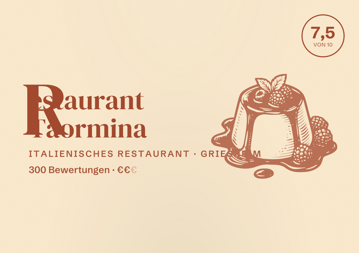 Illustriertes Poster von Restaurant Taormina, Italienisches Restaurant in Griesheim: Bewertung 7,5 von 10 aus 300 Bewertungen, Preisniveau €€