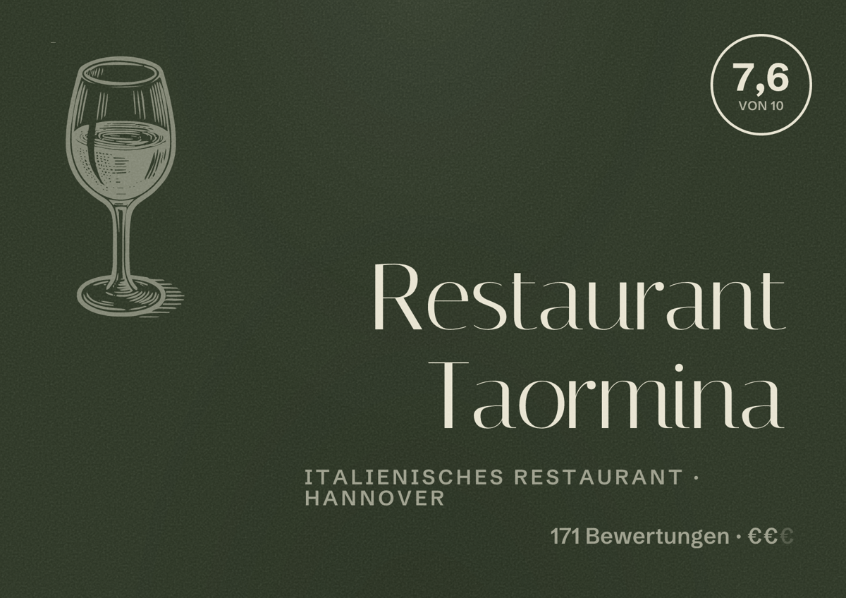 Illustriertes Poster von Restaurant Taormina, Italienisches Restaurant in Hannover: Bewertung 7,6 von 10 aus 171 Bewertungen, Preisniveau €€