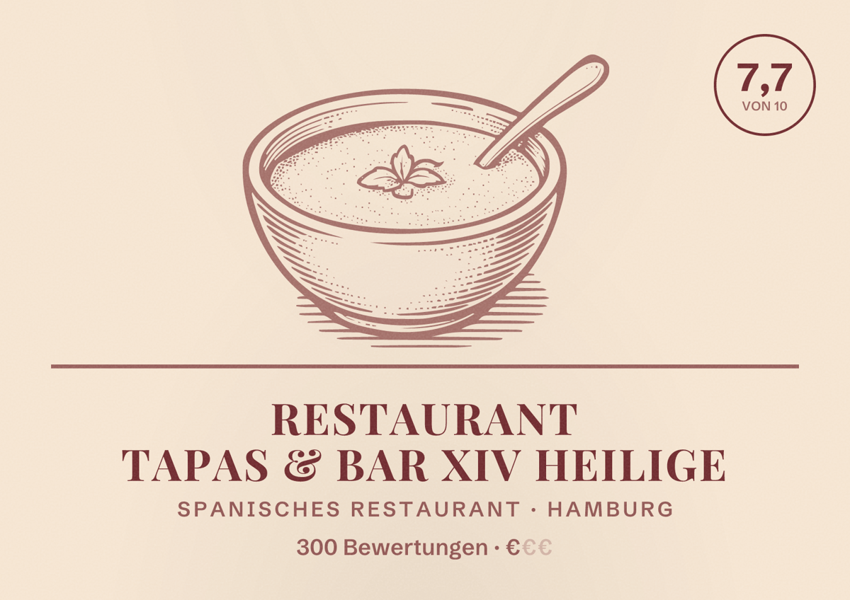 Illustriertes Poster von Restaurant Tapas & Bar XIV Heilige, Spanisches Restaurant in Hamburg: Bewertung 7,7 von 10 aus 300 Bewertungen, Preisniveau €