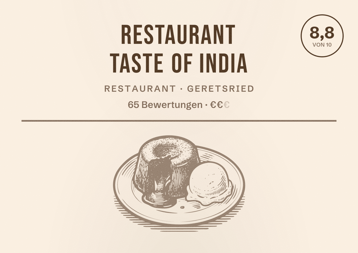 Illustriertes Poster von Restaurant Taste of india, Restaurant in Geretsried: Bewertung 8,8 von 10 aus 65 Bewertungen, Preisniveau €€