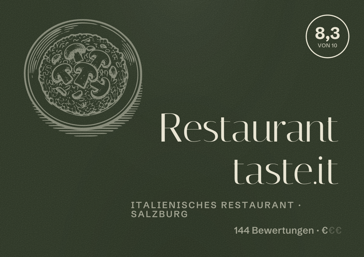 Illustriertes Poster von Restaurant taste.it, Italienisches Restaurant in Salzburg: Bewertung 8,3 von 10 aus 144 Bewertungen, Preisniveau €