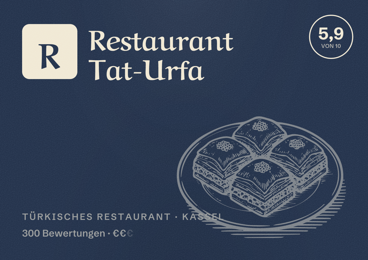 Illustriertes Poster von Restaurant Tat-Urfa, Türkisches Restaurant in Kassel: Bewertung 5,9 von 10 aus 300 Bewertungen, Preisniveau €€