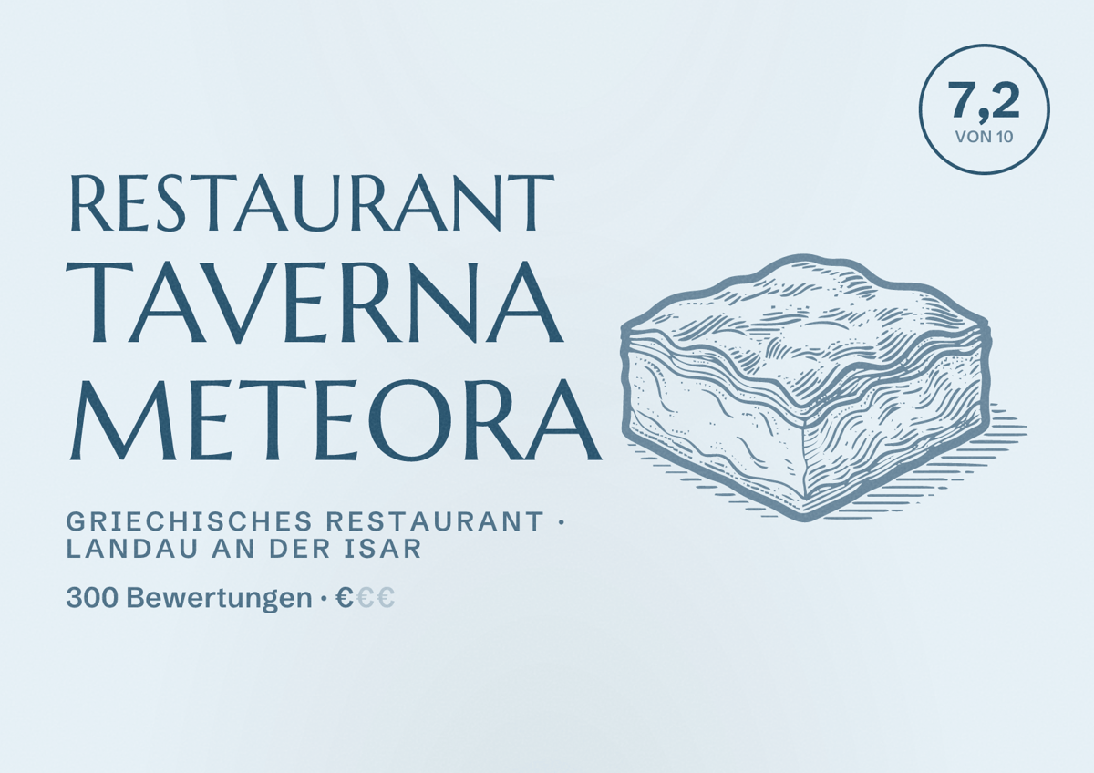 Illustriertes Poster von Restaurant Taverna Meteora, Griechisches Restaurant in Landau an der Isar: Bewertung 7,2 von 10 aus 300 Bewertungen, Preisniveau €