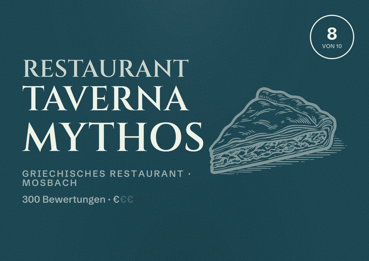 Illustriertes Poster von Restaurant Taverna Mythos, Griechisches Restaurant in Mosbach: Bewertung 8 von 10 aus 300 Bewertungen, Preisniveau €