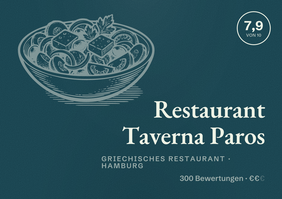Illustriertes Poster von Restaurant Taverna Paros, Griechisches Restaurant in Hamburg: Bewertung 7,9 von 10 aus 300 Bewertungen, Preisniveau €€