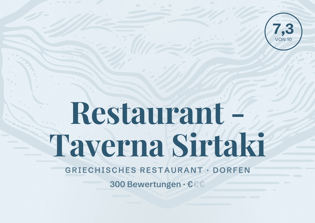 Illustriertes Poster von Restaurant - Taverna Sirtaki, Griechisches Restaurant in Dorfen: Bewertung 7,3 von 10 aus 300 Bewertungen, Preisniveau €