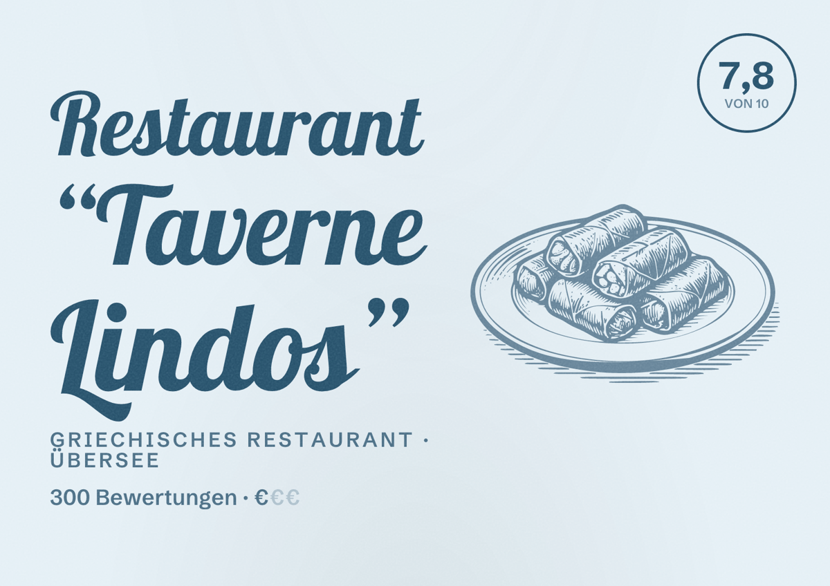 Illustriertes Poster von Restaurant “Taverne Lindos”, Griechisches Restaurant in Übersee: Bewertung 7,8 von 10 aus 300 Bewertungen, Preisniveau €