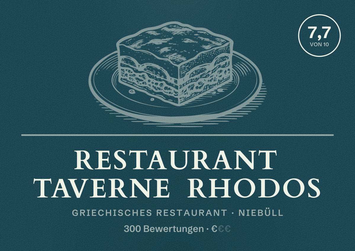 Illustriertes Poster von Restaurant Taverne Rhodos, Griechisches Restaurant in Niebüll: Bewertung 7,7 von 10 aus 300 Bewertungen, Preisniveau €