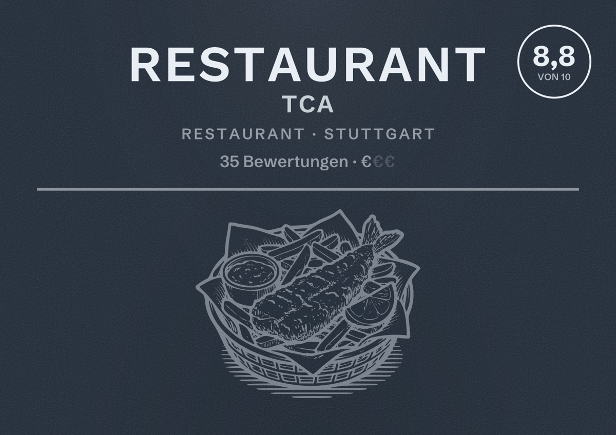 Illustriertes Poster von Restaurant TCA, Restaurant in Stuttgart: Bewertung 8,8 von 10 aus 35 Bewertungen, Preisniveau €