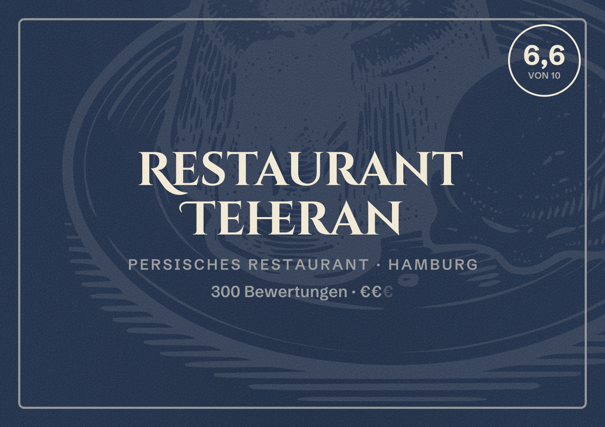 Illustriertes Poster von Restaurant Teheran, Persisches Restaurant in Hamburg: Bewertung 6,6 von 10 aus 300 Bewertungen, Preisniveau €€