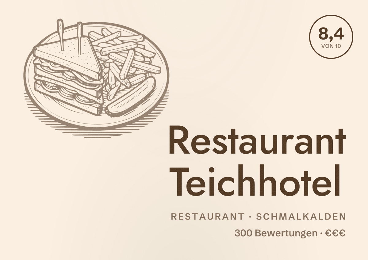 Illustriertes Poster von Restaurant Teichhotel, Restaurant in Schmalkalden: Bewertung 8,4 von 10 aus 300 Bewertungen, Preisniveau €€€