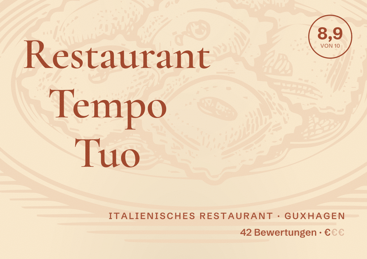 Illustriertes Poster von Restaurant Tempo Tuo, Italienisches Restaurant in Guxhagen: Bewertung 8,9 von 10 aus 42 Bewertungen, Preisniveau €