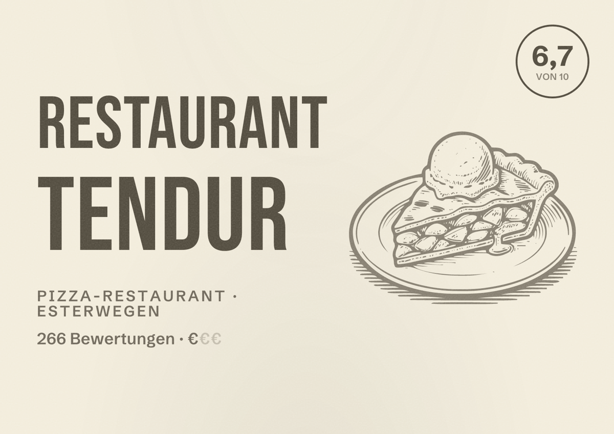 Illustriertes Poster von Restaurant Tendur, Pizza-Restaurant in Esterwegen: Bewertung 6,7 von 10 aus 266 Bewertungen, Preisniveau €
