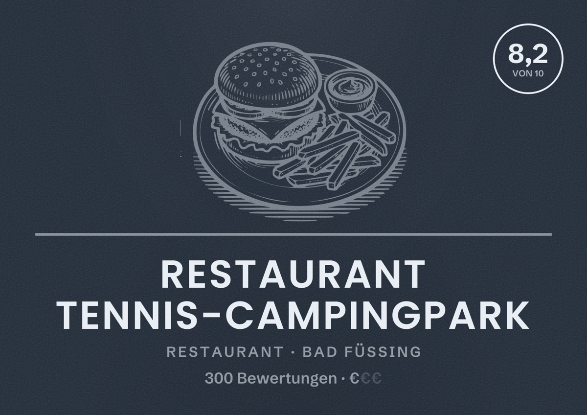Illustriertes Poster von Restaurant Tennis-Campingpark, Restaurant in Bad Füssing: Bewertung 8,2 von 10 aus 300 Bewertungen, Preisniveau €
