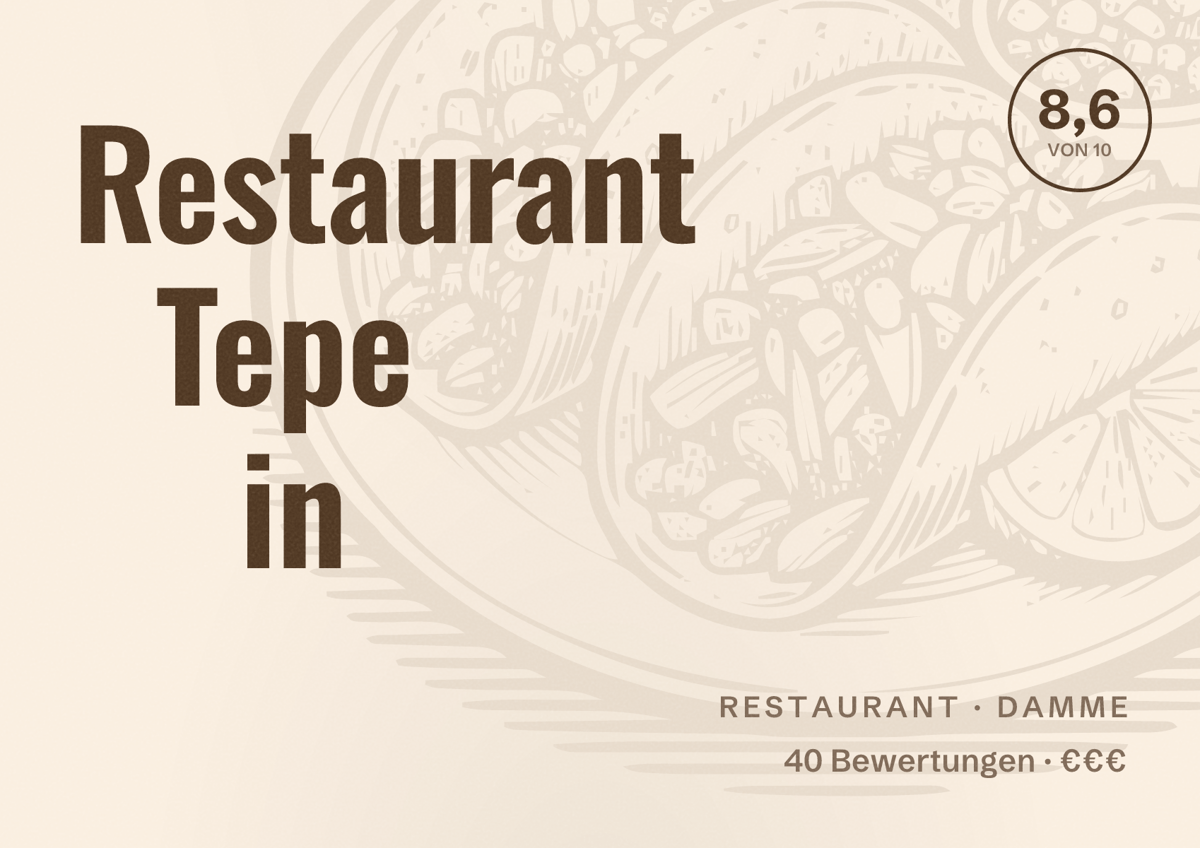 Illustriertes Poster von Restaurant Tepe in, Restaurant in Damme: Bewertung 8,6 von 10 aus 40 Bewertungen, Preisniveau €€€