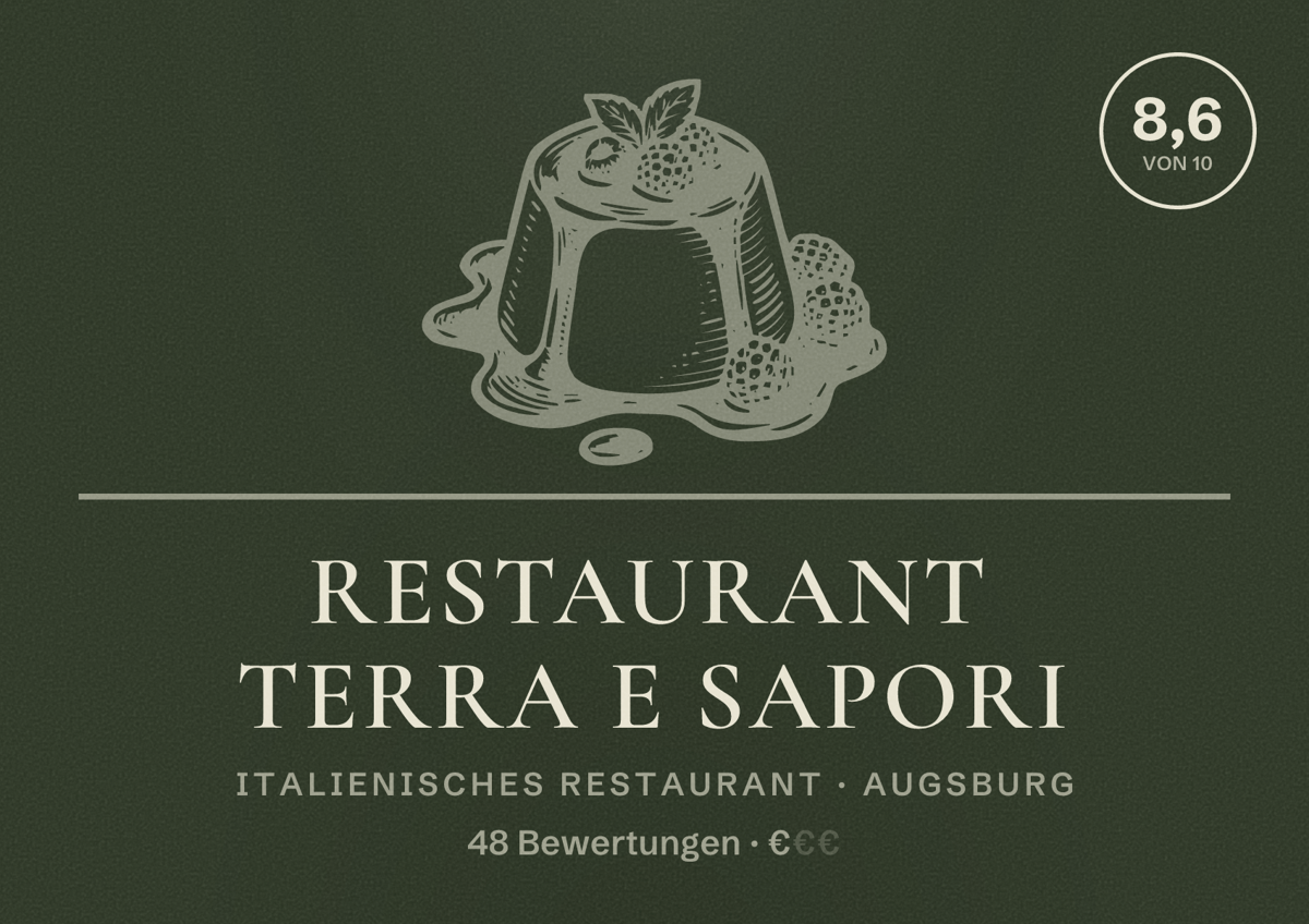 Illustriertes Poster von Restaurant Terra E Sapori, Italienisches Restaurant in Augsburg: Bewertung 8,6 von 10 aus 48 Bewertungen, Preisniveau €