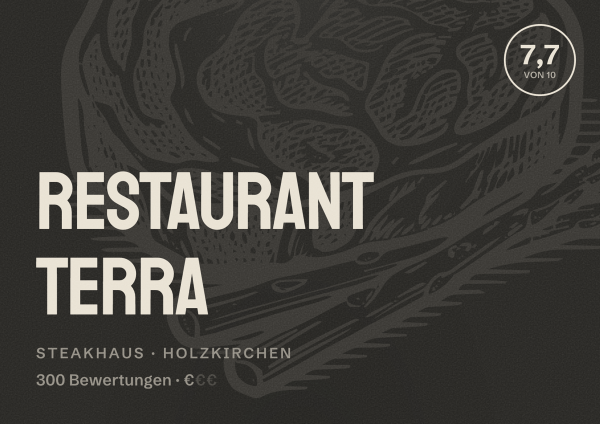 Illustriertes Poster von Restaurant Terra, Steakhaus in Holzkirchen: Bewertung 7,7 von 10 aus 300 Bewertungen, Preisniveau €