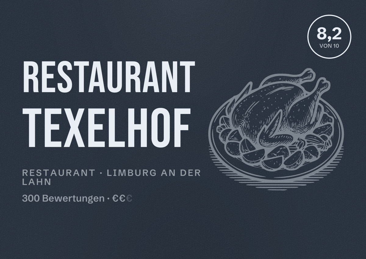 Illustriertes Poster von Restaurant Texelhof, Restaurant in Limburg an der Lahn: Bewertung 8,2 von 10 aus 300 Bewertungen, Preisniveau €€