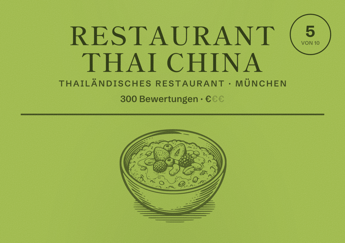 Illustriertes Poster von Restaurant Thai China, Thailändisches Restaurant in München: Bewertung 5,0 von 10 aus 300 Bewertungen, Preisniveau €