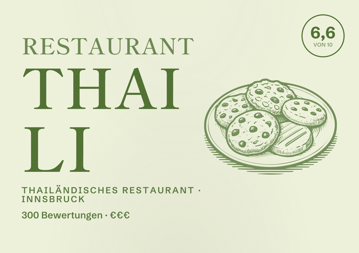 Illustriertes Poster von Restaurant Thai Li, Thailändisches Restaurant in Innsbruck: Bewertung 6,6 von 10 aus 300 Bewertungen, Preisniveau €€€