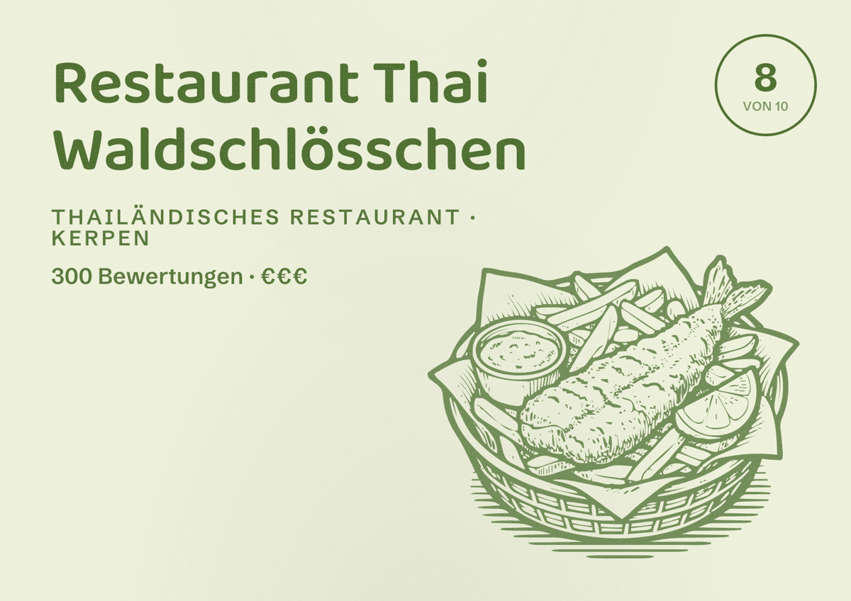 Illustriertes Poster von Restaurant Thai Waldschlösschen, Thailändisches Restaurant in Kerpen: Bewertung 8 von 10 aus 300 Bewertungen, Preisniveau €€€