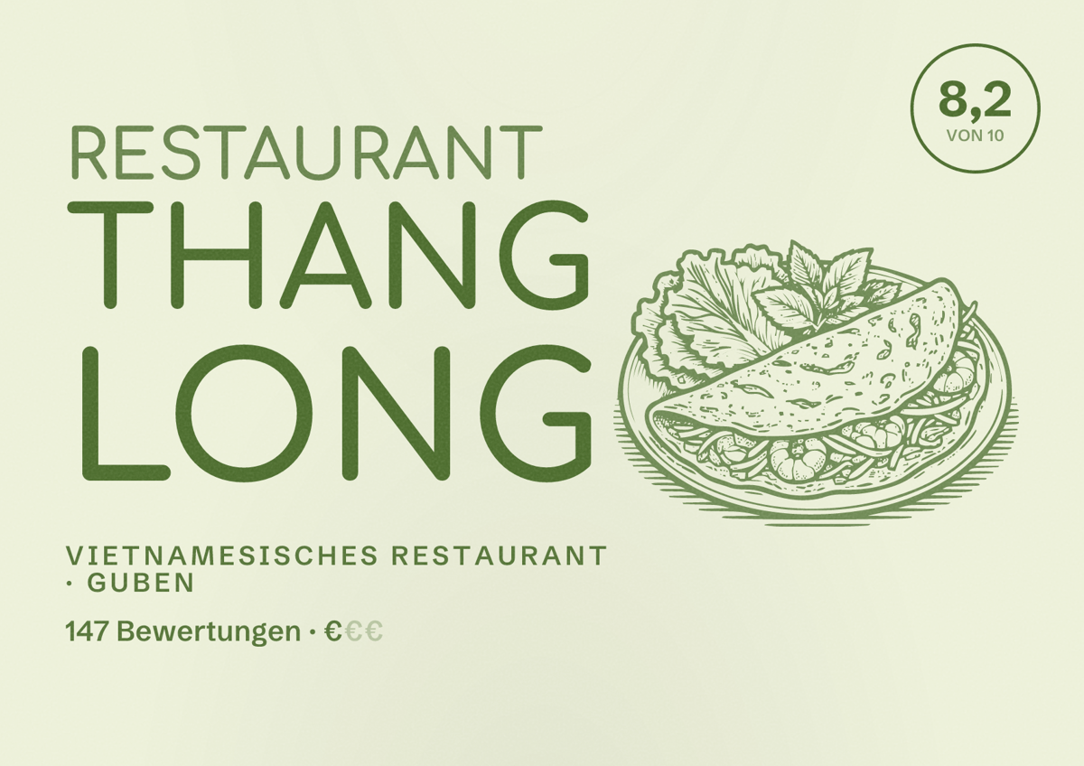 Illustriertes Poster von Restaurant Thang Long, Vietnamesisches Restaurant in Guben: Bewertung 8,2 von 10 aus 147 Bewertungen, Preisniveau €