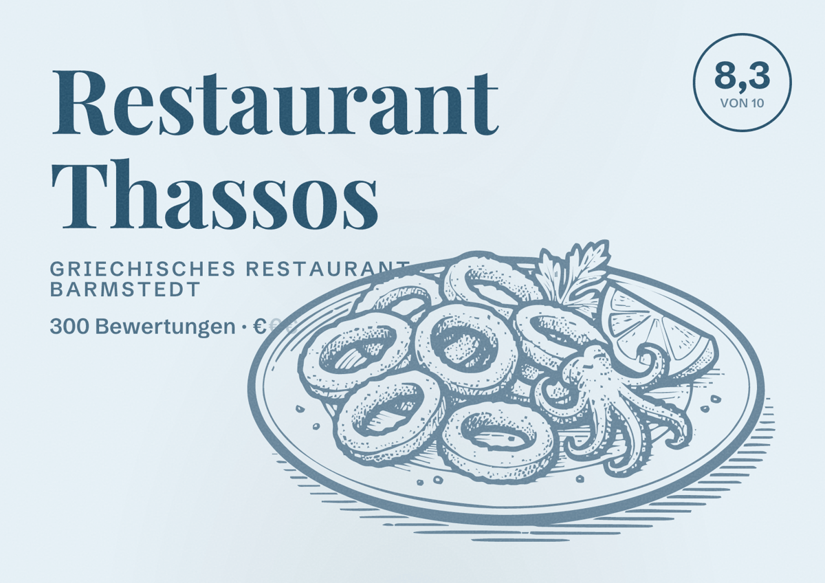 Illustriertes Poster von Restaurant Thassos, Griechisches Restaurant in Barmstedt: Bewertung 8,3 von 10 aus 300 Bewertungen, Preisniveau €