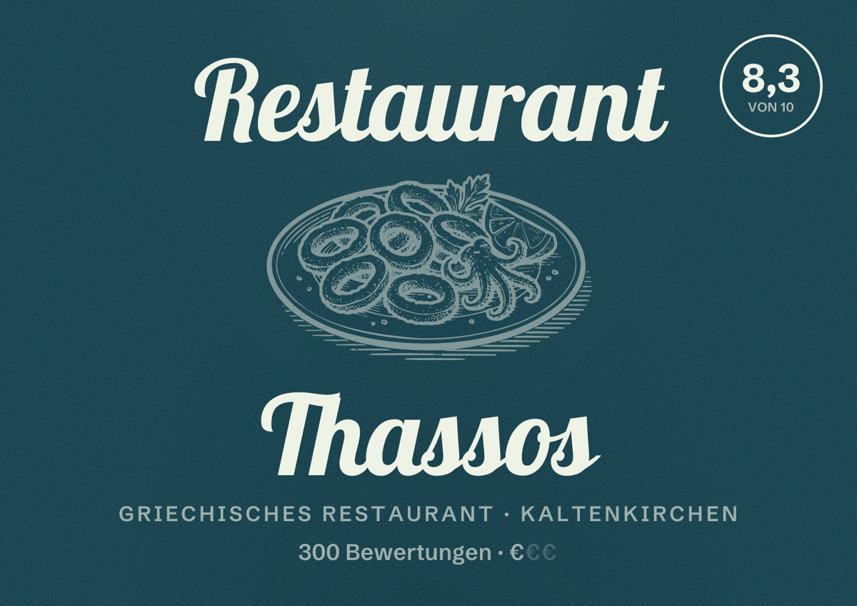 Illustriertes Poster von Restaurant Thassos, Griechisches Restaurant in Kaltenkirchen: Bewertung 8,3 von 10 aus 300 Bewertungen, Preisniveau €