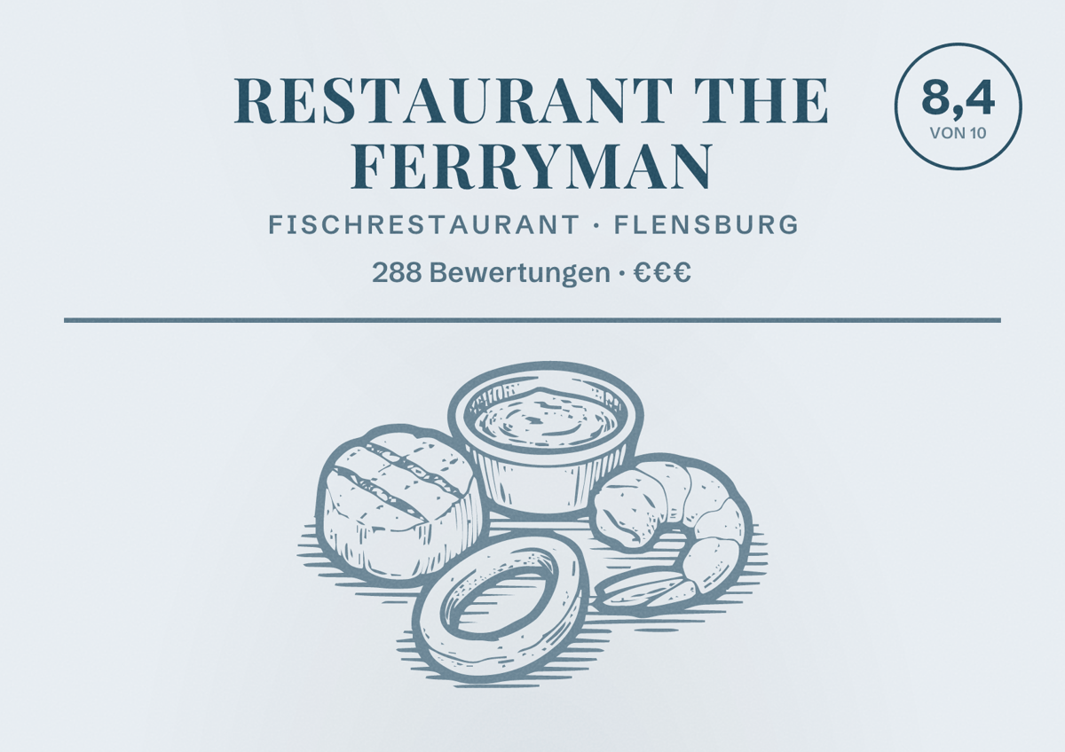 Illustriertes Poster von Restaurant The Ferryman, Fischrestaurant in Flensburg: Bewertung 8,4 von 10 aus 288 Bewertungen, Preisniveau €€€