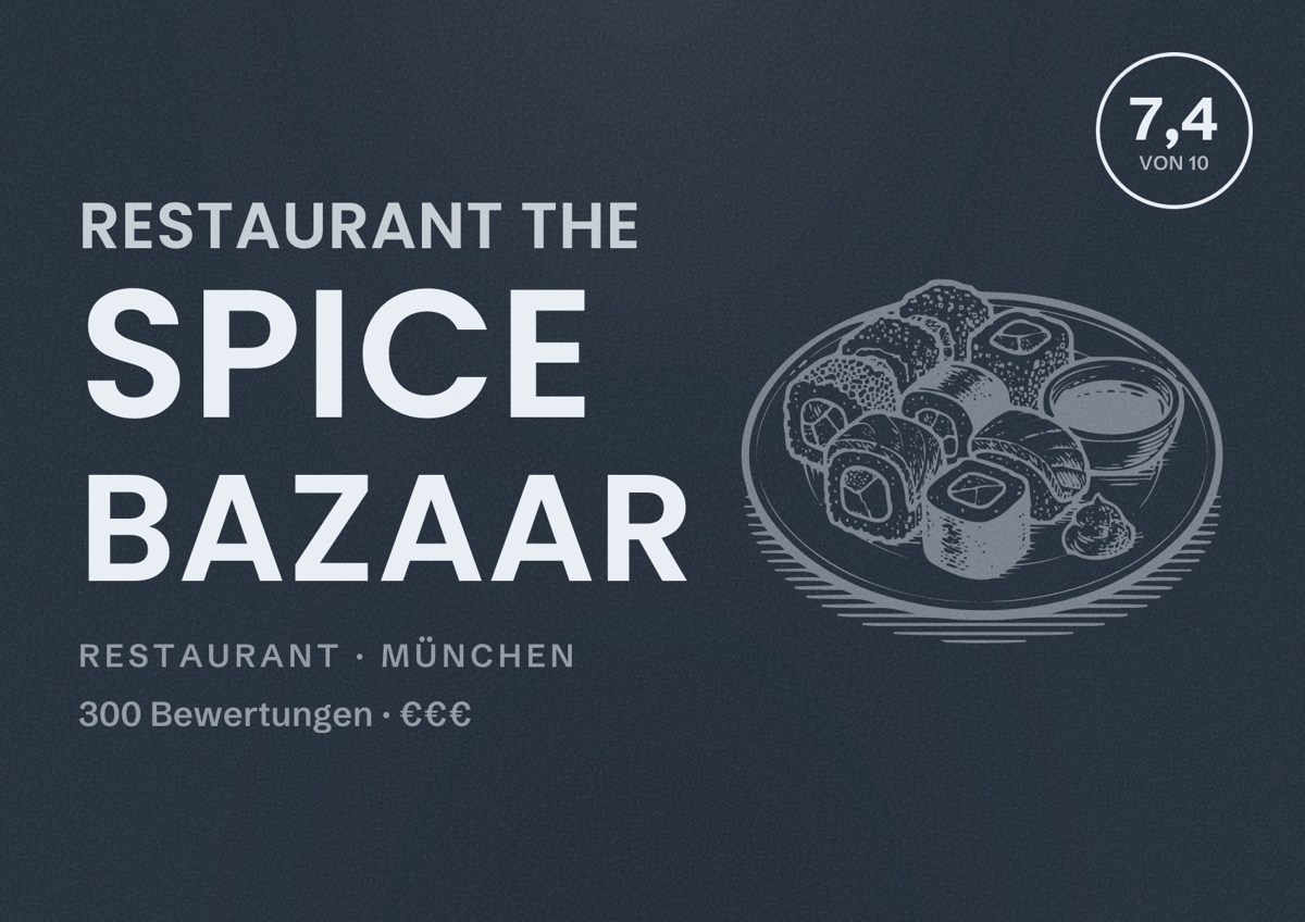 Illustriertes Poster von Restaurant The Spice Bazaar, Restaurant in München: Bewertung 7,4 von 10 aus 300 Bewertungen, Preisniveau €€€