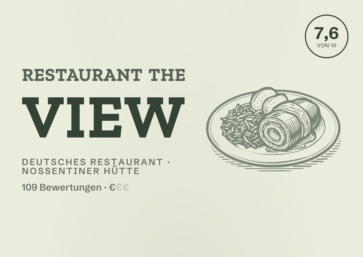 Illustriertes Poster von Restaurant The View, Deutsches Restaurant in Nossentiner Hütte: Bewertung 7,6 von 10 aus 109 Bewertungen, Preisniveau €
