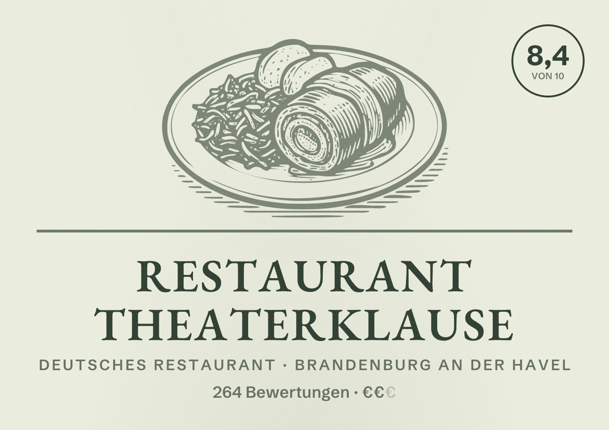 Illustriertes Poster von Restaurant Theaterklause, Deutsches Restaurant in Brandenburg an der Havel: Bewertung 8,4 von 10 aus 264 Bewertungen, Preisniveau €€