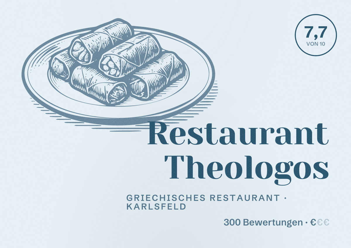 Illustriertes Poster von Restaurant Theologos, Griechisches Restaurant in Karlsfeld: Bewertung 7,7 von 10 aus 300 Bewertungen, Preisniveau €