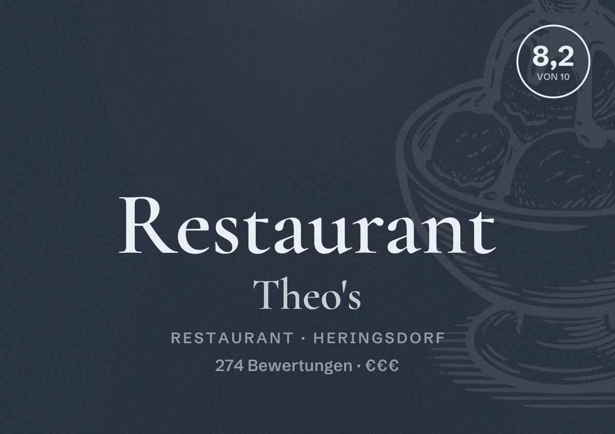 Illustriertes Poster von Restaurant Theo's, Restaurant in Heringsdorf: Bewertung 8,2 von 10 aus 274 Bewertungen, Preisniveau €€€