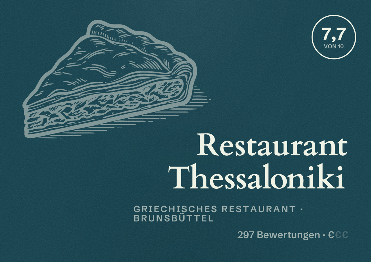 Illustriertes Poster von Restaurant Thessaloniki, Griechisches Restaurant in Brunsbüttel: Bewertung 7,7 von 10 aus 297 Bewertungen, Preisniveau €