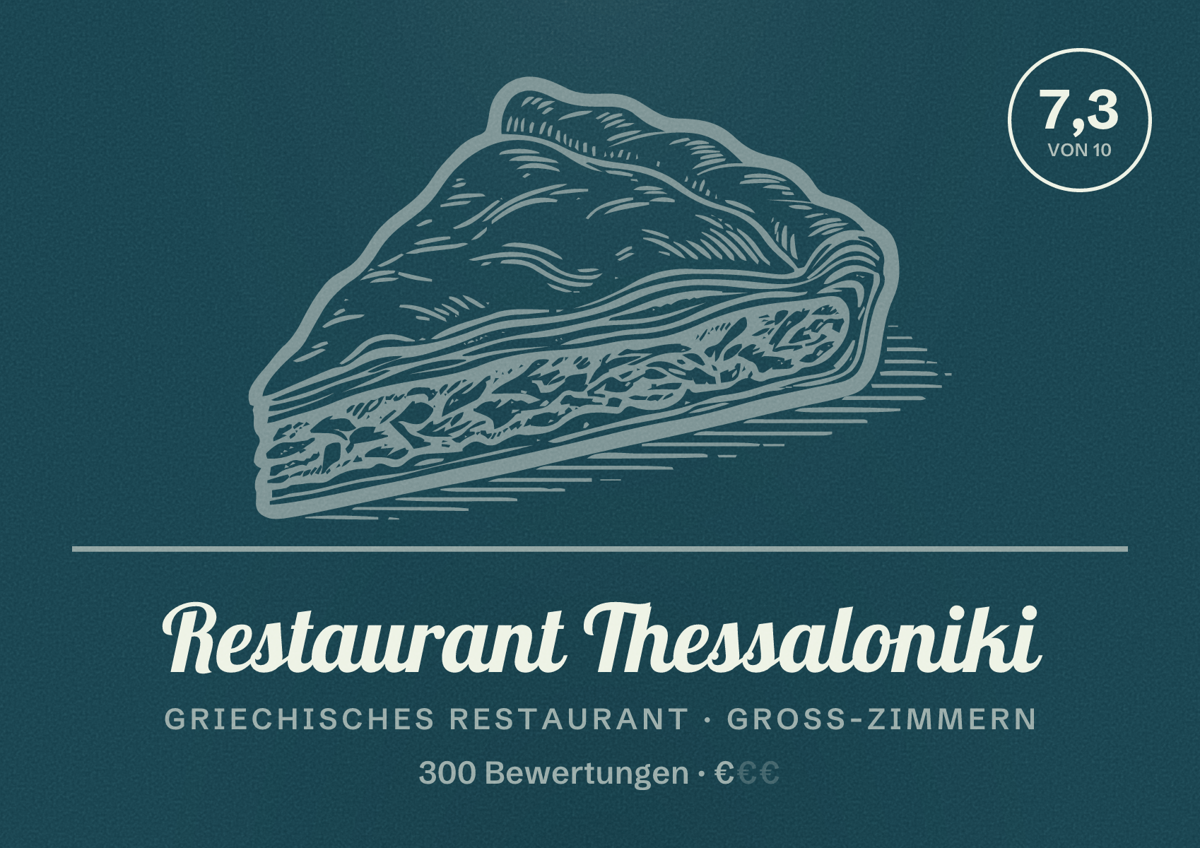 Illustriertes Poster von Restaurant Thessaloniki, Griechisches Restaurant in Groß-Zimmern: Bewertung 7,3 von 10 aus 300 Bewertungen, Preisniveau €