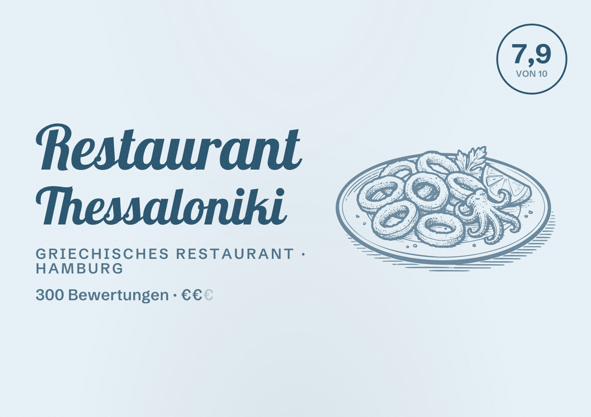 Illustriertes Poster von Restaurant Thessaloniki, Griechisches Restaurant in Hamburg: Bewertung 7,9 von 10 aus 300 Bewertungen, Preisniveau €€
