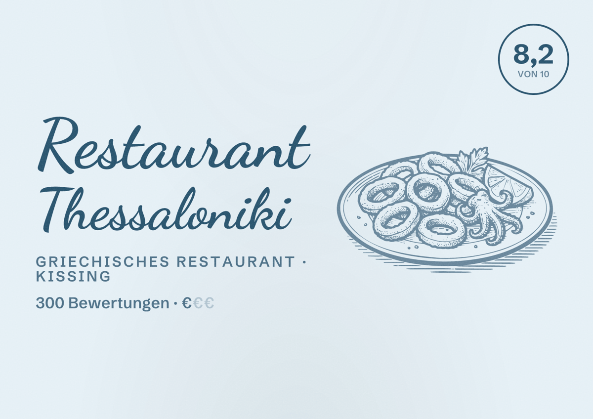Illustriertes Poster von Restaurant Thessaloniki, Griechisches Restaurant in Kissing: Bewertung 8,2 von 10 aus 300 Bewertungen, Preisniveau €
