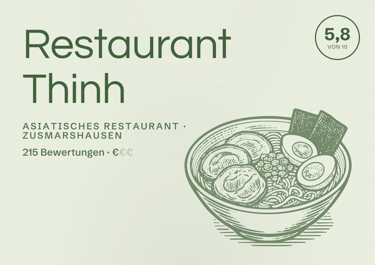 Illustriertes Poster von Restaurant Thinh, Asiatisches Restaurant in Zusmarshausen: Bewertung 5,8 von 10 aus 215 Bewertungen, Preisniveau €