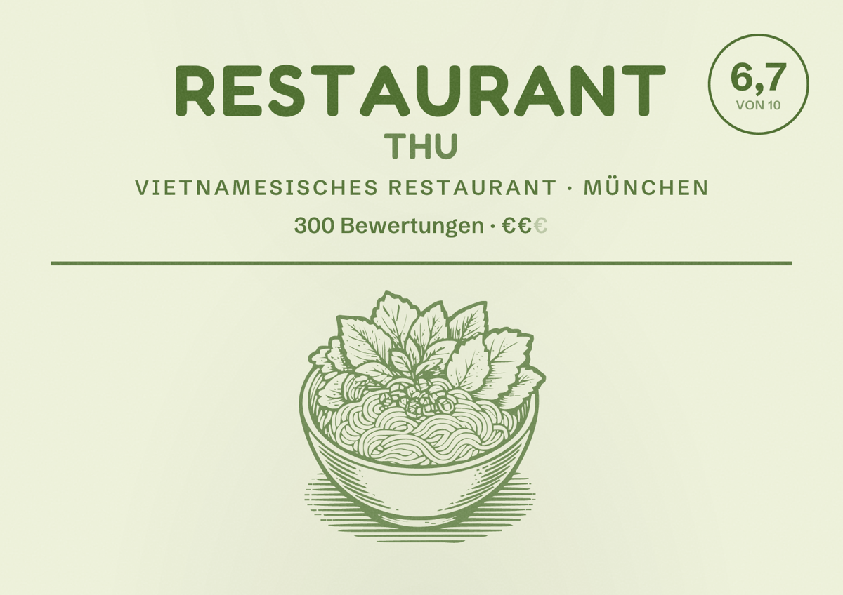 Illustriertes Poster von Restaurant Thu, Vietnamesisches Restaurant in München: Bewertung 6,7 von 10 aus 300 Bewertungen, Preisniveau €€