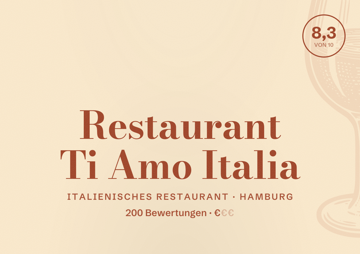 Illustriertes Poster von Restaurant Ti Amo Italia, Italienisches Restaurant in Hamburg: Bewertung 8,3 von 10 aus 200 Bewertungen, Preisniveau €