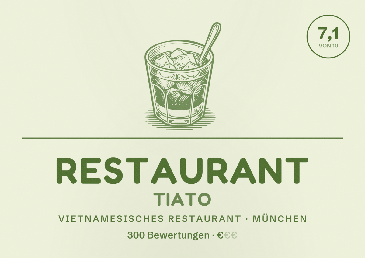 Illustriertes Poster von Restaurant Tiato, Vietnamesisches Restaurant in München: Bewertung 7,1 von 10 aus 300 Bewertungen, Preisniveau €