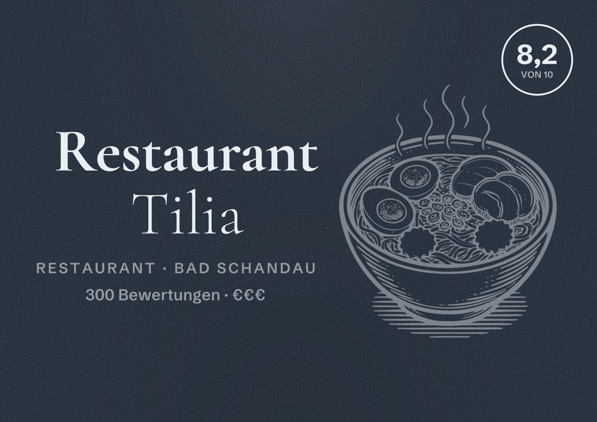 Illustriertes Poster von Restaurant Tilia, Restaurant in Bad Schandau: Bewertung 8,2 von 10 aus 300 Bewertungen, Preisniveau €€€